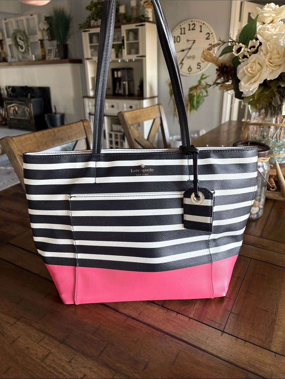 kate spade Black and White Striped Tote with Pink Base
